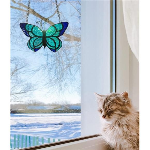 Blue Butterfly Suncatcher Stained Glass Window Hanging Panel 5.9×5.3Inch - Picture 3 of 6